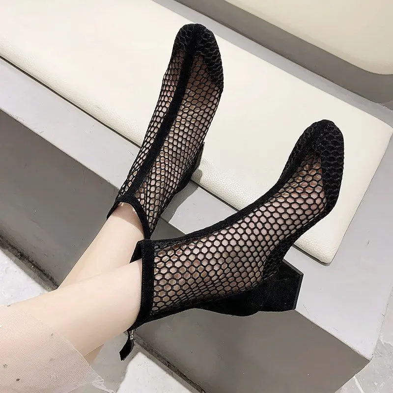

In 2025, The New and Popular Mesh Women's Boots Are Summer Breathable High Heels, Thin and Hollow Thick-heeled Cool Boots，36-42
