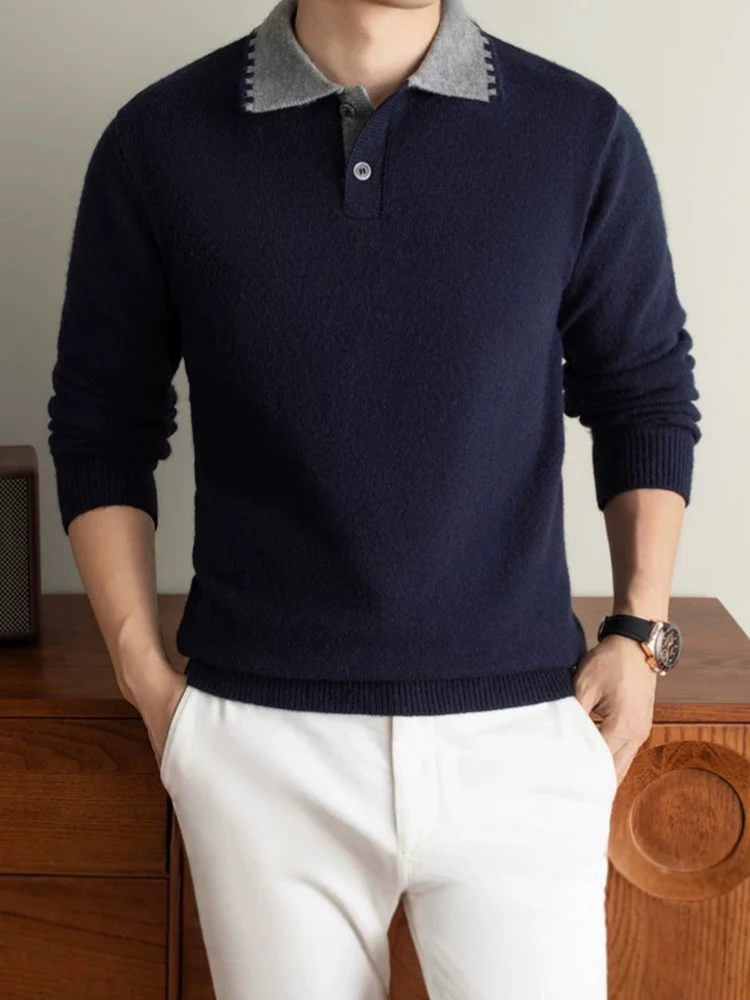 Autumn Winter Mens Thick Knitting Sweater Contrast Color Lapel Polo Style Long Sleeve Knitted Pullover Daily Casual Tops Male
