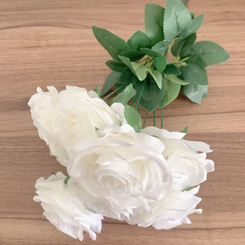 9Heads Roses Bouquet Artificial Flower Milk White Ivory White Rose Fake Rose Living Room  Decoration Wedding