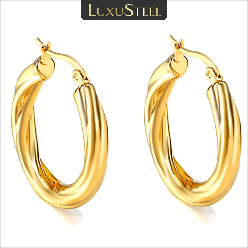 LUXUSTEEL Trendy Twisted Hoop Earrings For Women Golden Plated Silver Color Stainless Steel Round Circle Earrings Punk Jewelry