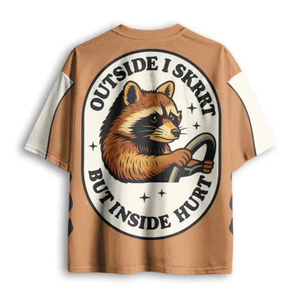 Outside I Skrrt But Inside Hurt Raccoon Driving Print Men V Neck Mesh Jersey Retro Tops