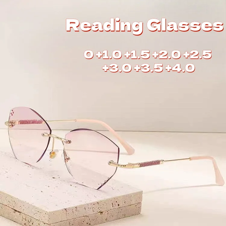 

Butterfly Style Frameless Cut Edge Gradually Pink Lens Reading Glasses Anti Blue Light Ultra Light Diamond Presbyopia Glasses