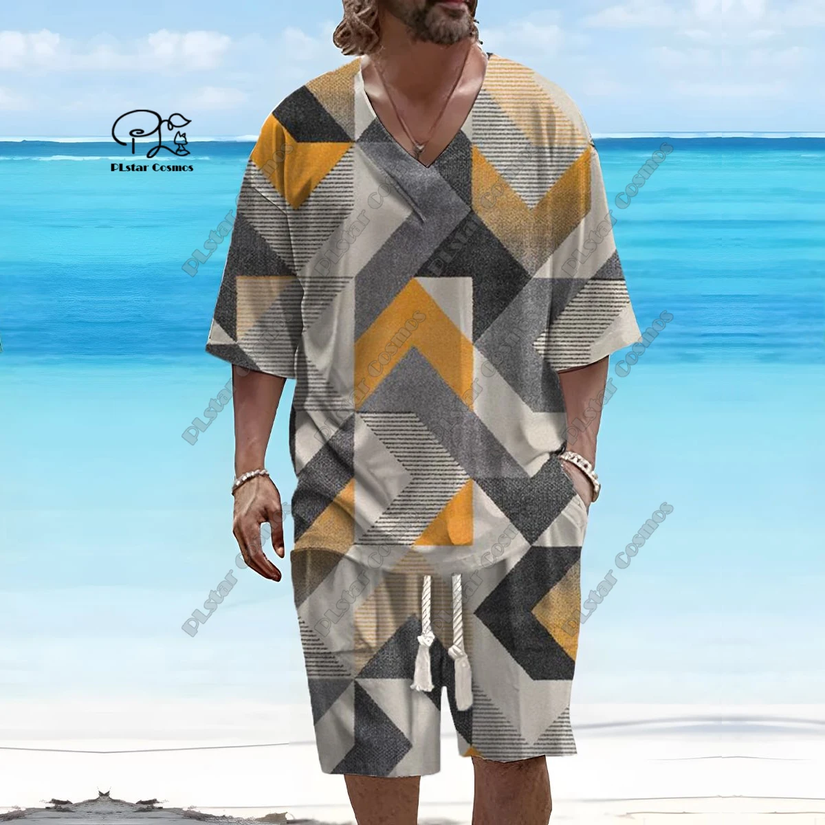PLstar Cosmos 3D printed new men's V-neck gradient retro pattern short sleeved shorts T-shirt suit casual series T-21
