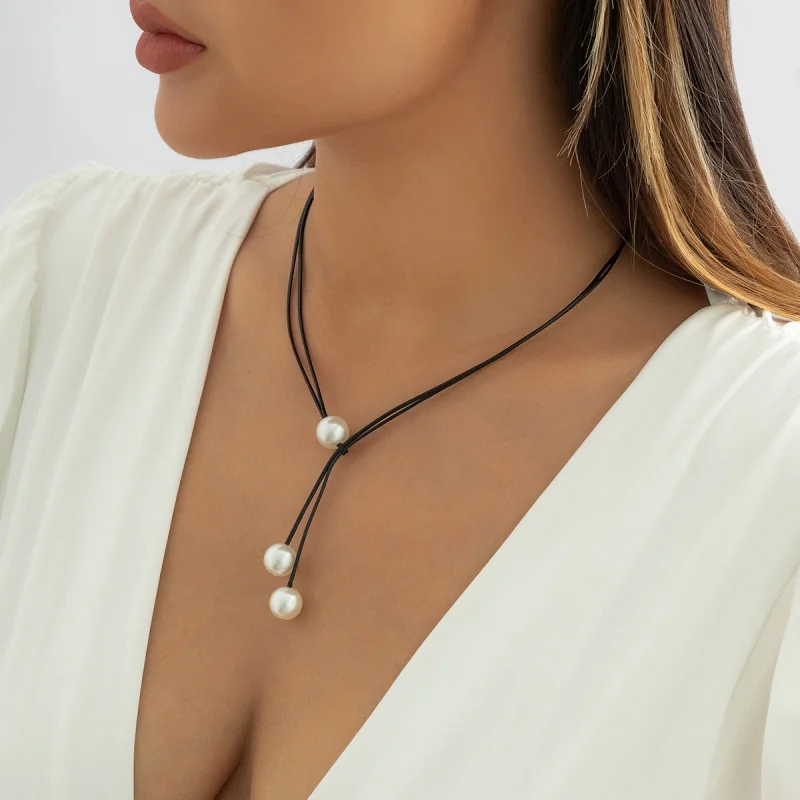 Adjustable Double Layer Wax Line All-MatchNecklace Imitation Pearl Clavicle