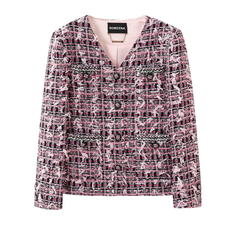 

Женская новая твидовая пудра с v-образным вырезом, осень-зима, простая милая клетчатая куртка с кисточками, высококачественная элегантная французская женская куртка