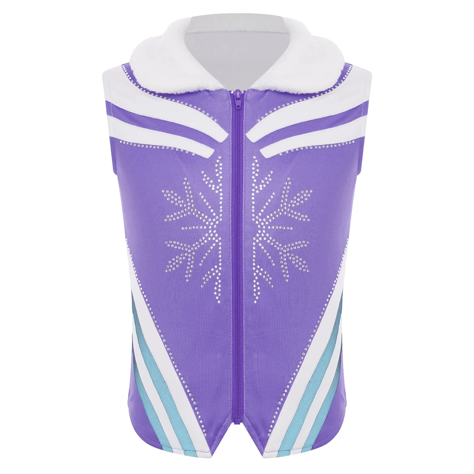 

Girl Shiny Rhinestones Figure Ice Skating Vest Jacket Fleece Collar Sleeveless Zipper Striped Coat Gymnastic Performance Costume