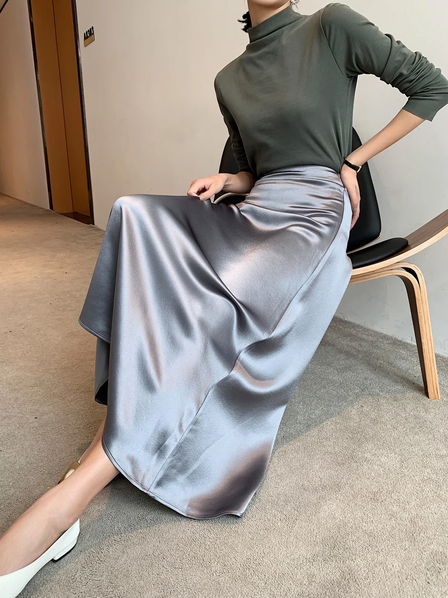 

Duo Long Silk Texture Smooth mat Luxury Long Skirt A-Line Midi Skirt Metal ey Tee-acetate Fabric High Waist