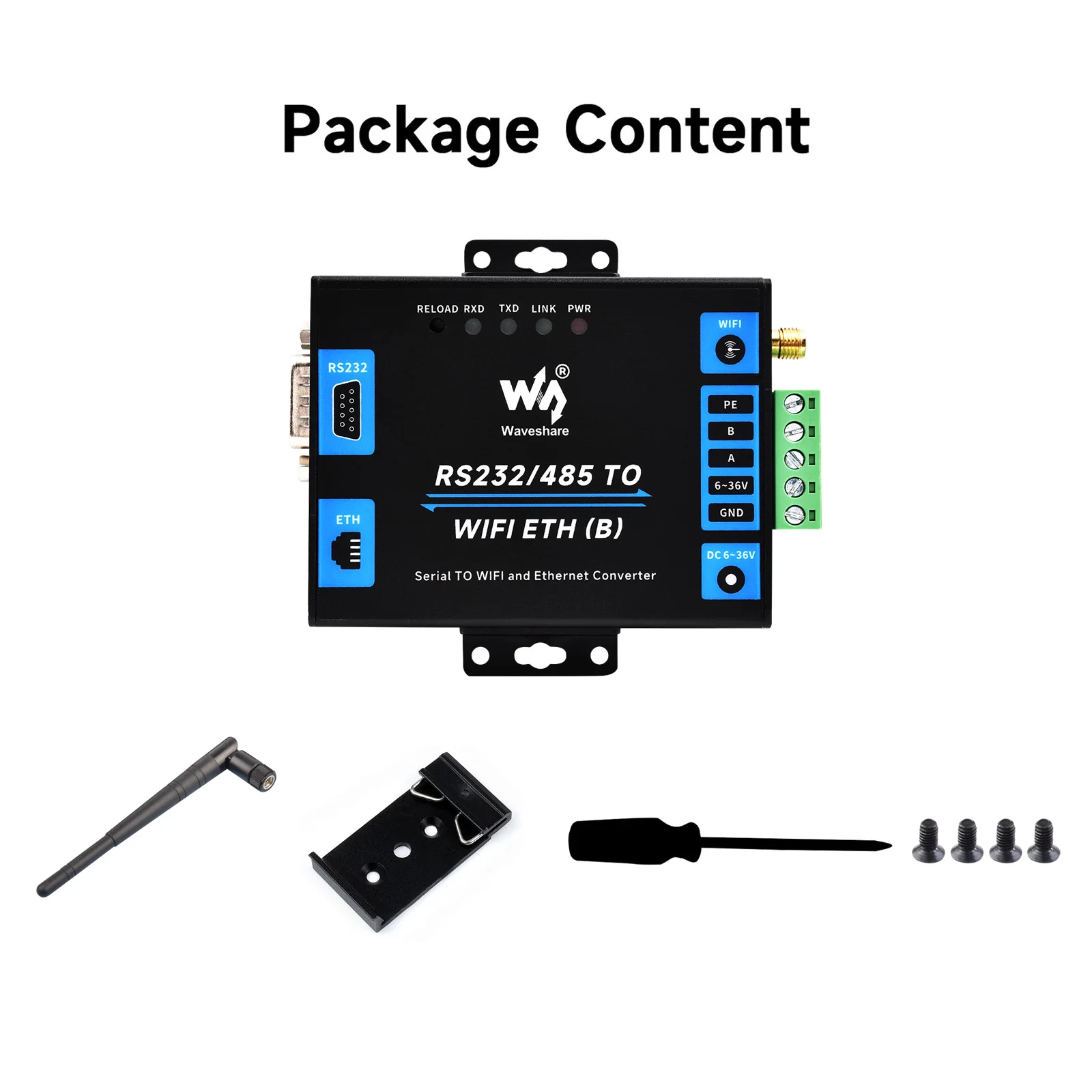 

Промышленный последовательный сервер Waveshare RS232/485 к Wi-Fi и Ethernet, шлюз Modbus, шлюз MQTT, металлический корпус