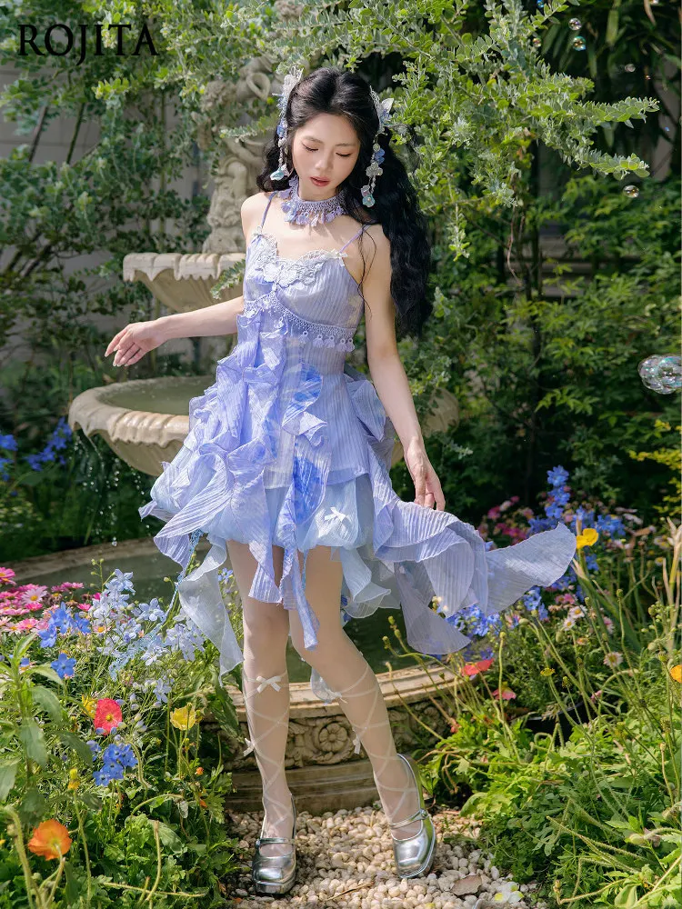 

Fairy Style Summer Suspender Dress Women Ruffle Tiered JSK Dress Jellyfish Style Blue Shorts
