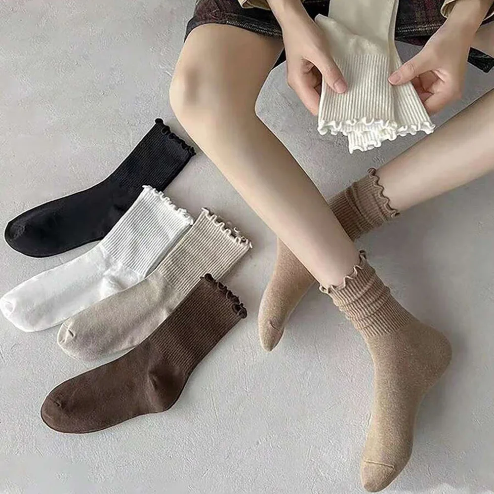 6 pairs of solid color wavy edge medium tube socks fashionable style breathable and comfortable spring and summer casual socks