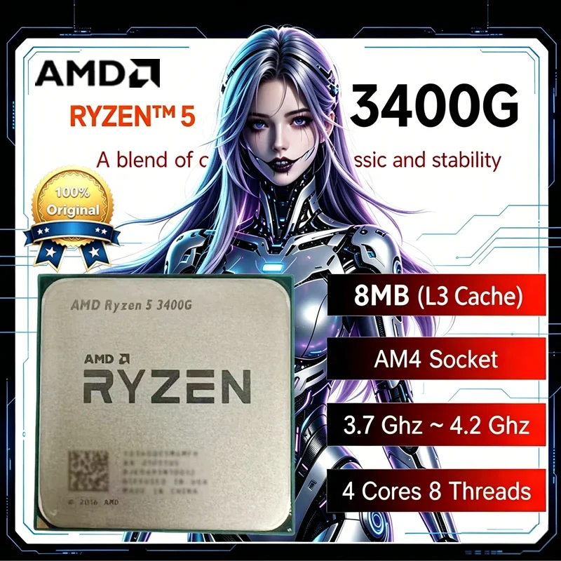 Procesador AMD Ryzen 5 3400G R5 3400G APU 3.7GHz 8 Hilos 12MB Caché 65W AM4 YD3400C5M4MFH para Escritorio (Producto sin Empaque Original)