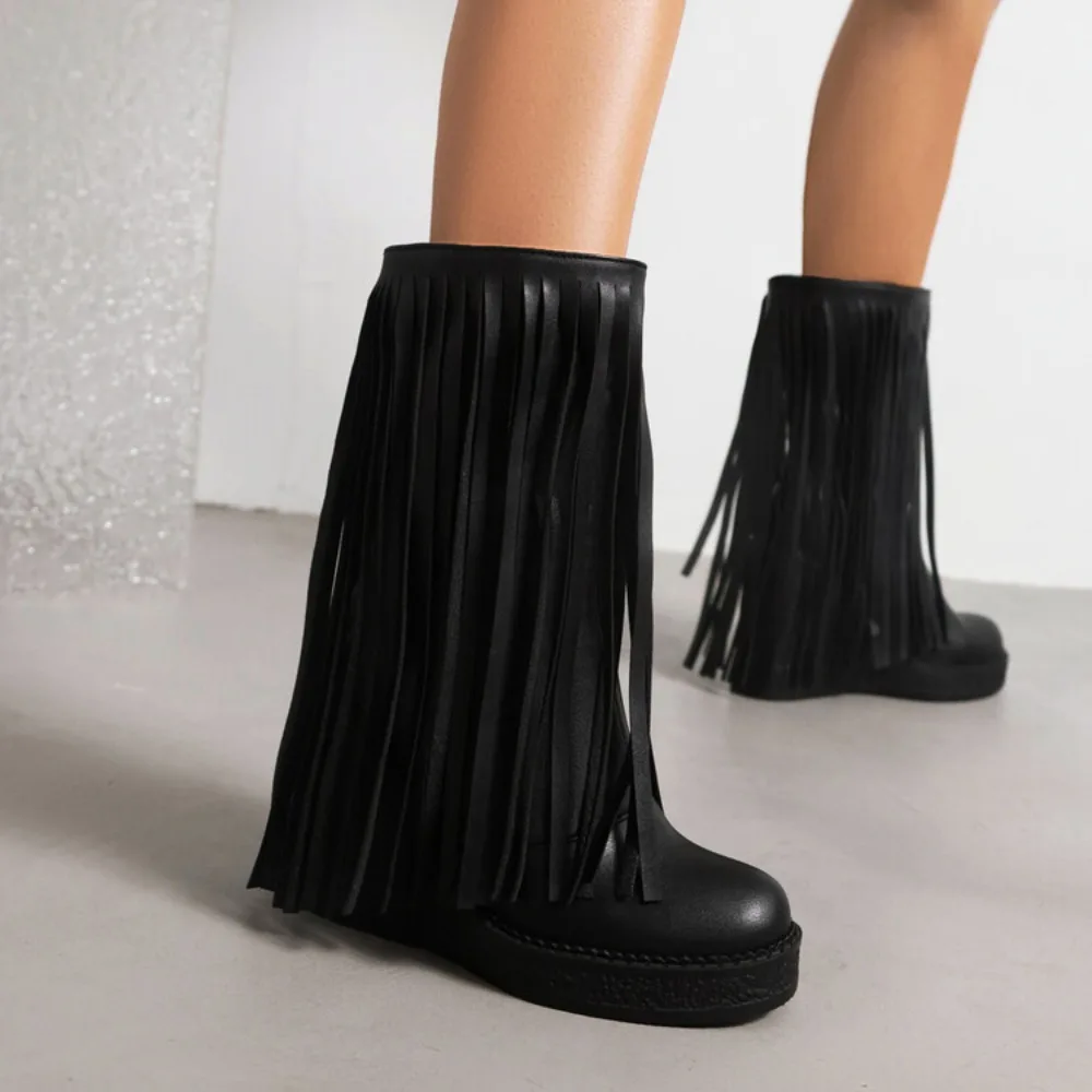 

Autumn Winter New Snow Boots Fashion Woman Bohemian Tassle Hidden Wedge Round Toe Mid-Calf Boots Fringe Female Slip on Shoes