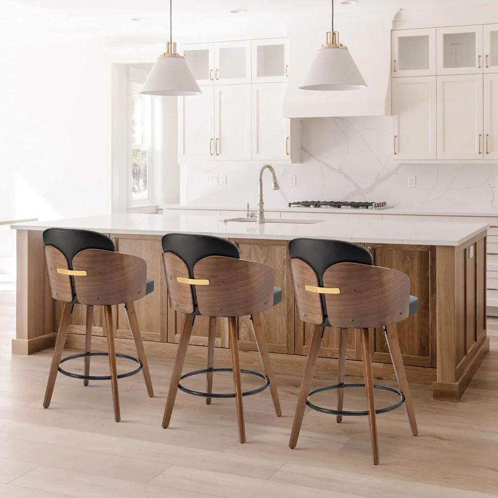 

Counter Height Bar Stools Set of 3, Swivel Bar Stools with Back and Arms Leather Barstools Upholstered Mid Century Counter