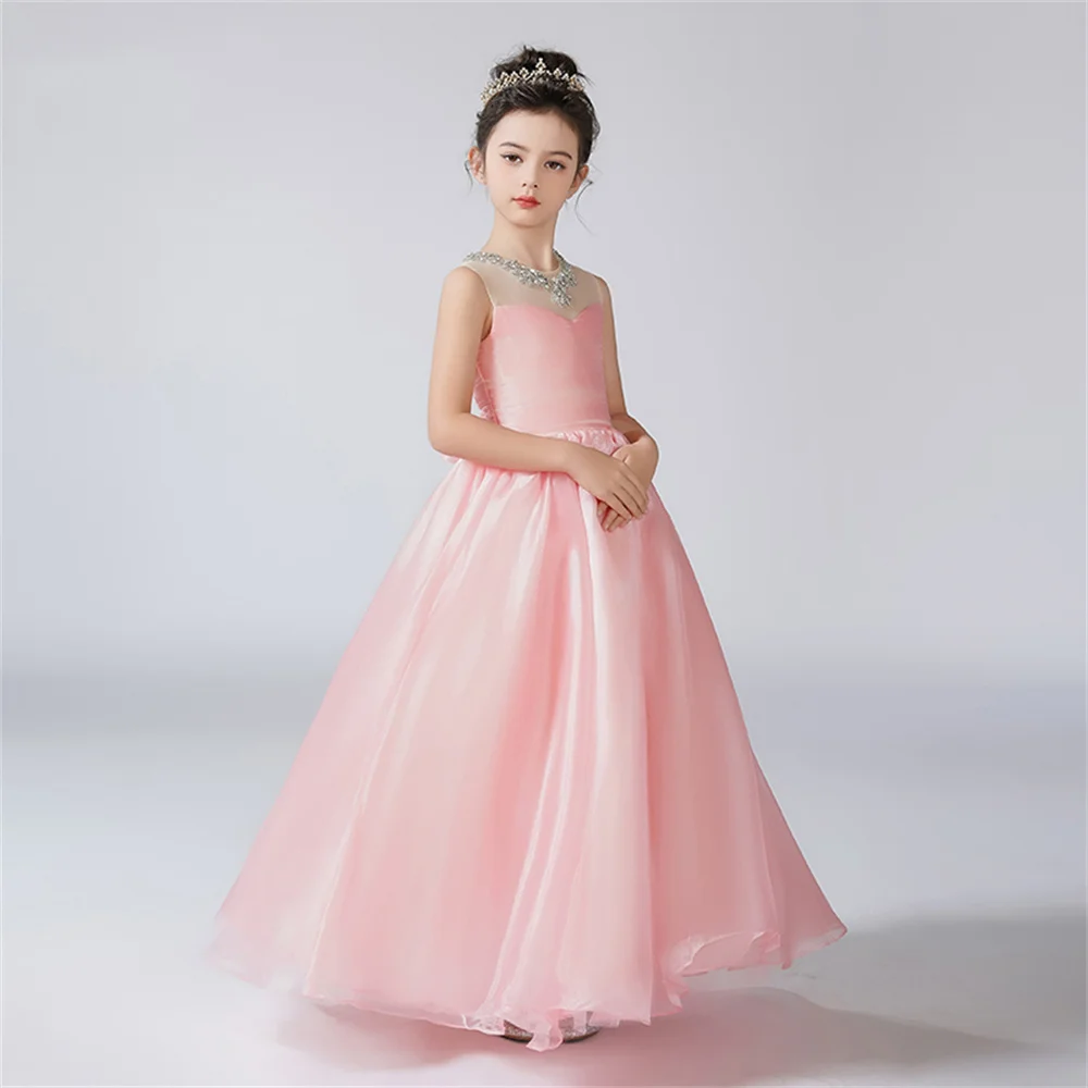 Dideyttawl Customized Organza Pleats O-Neck Dress For Girl Flower Girl Dresses Sleeveless Kids Birthday Formal Princess Gowns