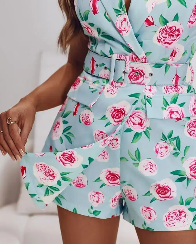 Jumpsuit Women New Floral Print Notched Collar Plunge V Neck Sleeveless Romer Casual Slim Fit Blazer Skort Jumpsuit with Belt