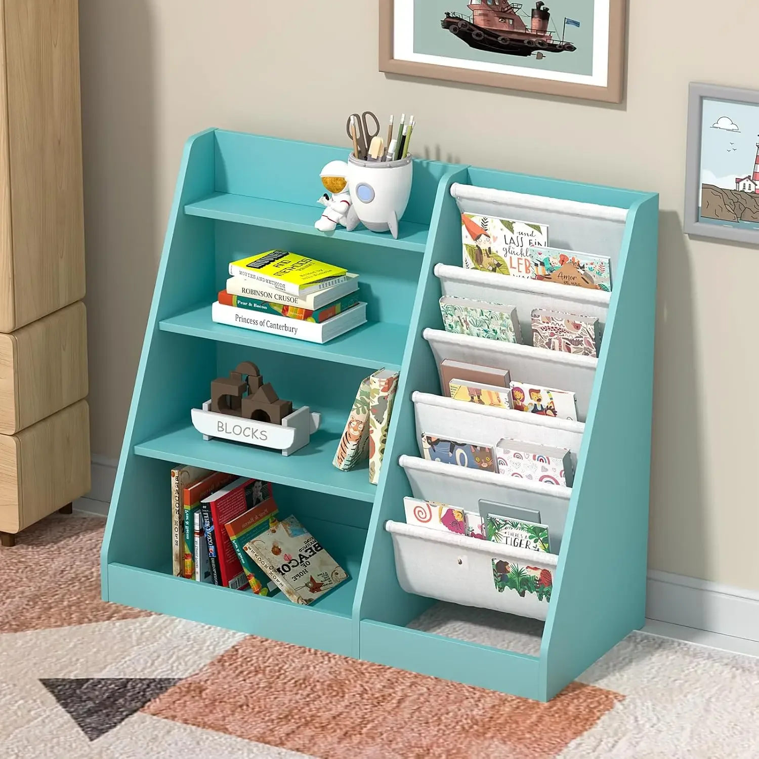 Wooden, Five Layer Sling Children Bookcase, Baby Toddler Storage Book Rack, Book and Toy Organizer Cabinet Chest, Book Display S