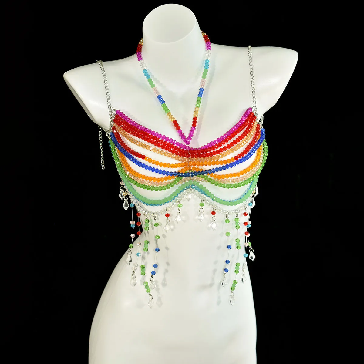 

Bohemia Holiday Multicoloured Crystal Beaded Body Chain Stage Performance Party Bra Accessories Beach Bikini Lingerie Chain