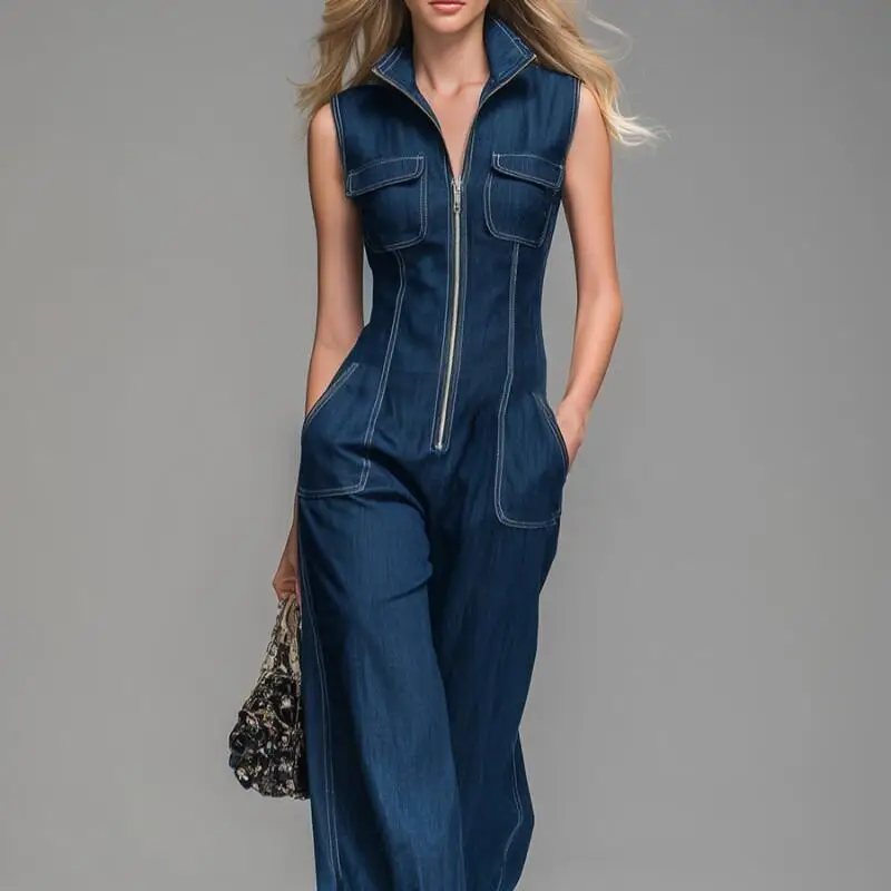 Retro Denim Jumpsuit Casual Style Zipper Front Sleeveless High Waist Long Pants Spring Summer New Arrival Women's Fashion