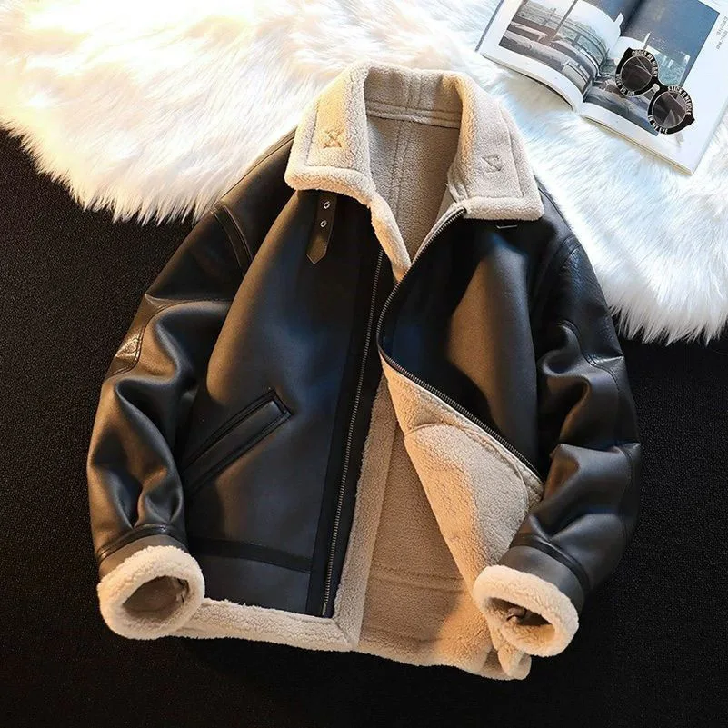 

Men's winter coat 2025 with thick velvet motorcycle suit deer fur jacket cotton jacket lamb fur leather jacket
