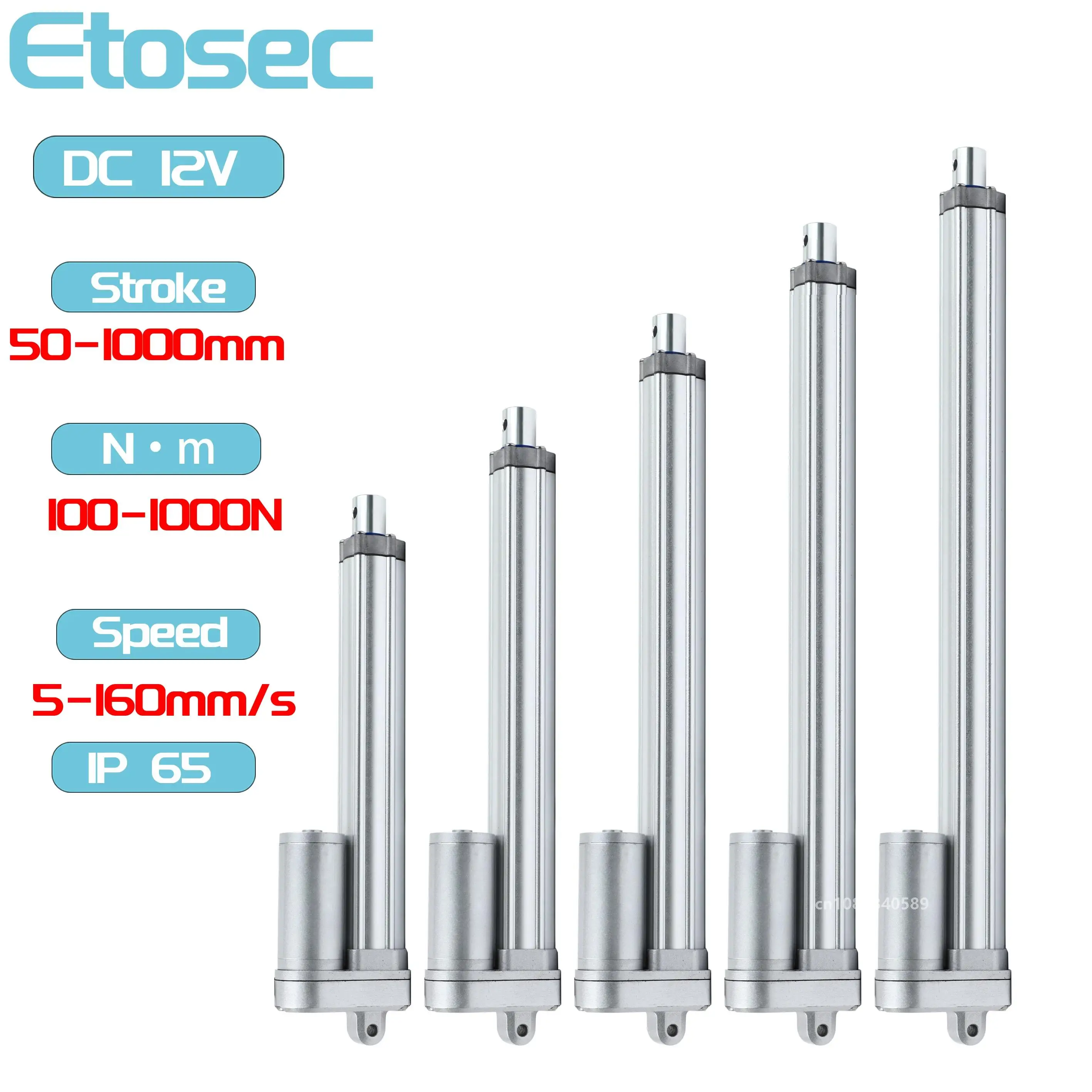 Etosec 12V IP65 Linear Actuator Waterproof 2000N 100mm 350mm 500mm 900mm 1000mm Stroke Solar Tracker Motorisation Motor 160mm/s