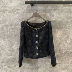 2024 Early Autumn Navy Black Lurex Plaid Woolen Tweed Jacket Women Metal Chains Slash Neck Long Sleeve Vintage Luxury Sweet Coat