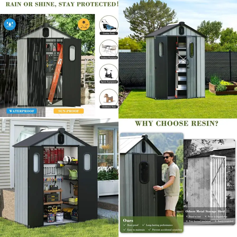 

Наружный навес для хранения смолы 5x3T с прозрачными окнами, жалюзированными вентиляционными отверстиями и двойными запираемыми дверями для использования в саду, патио и газоне.