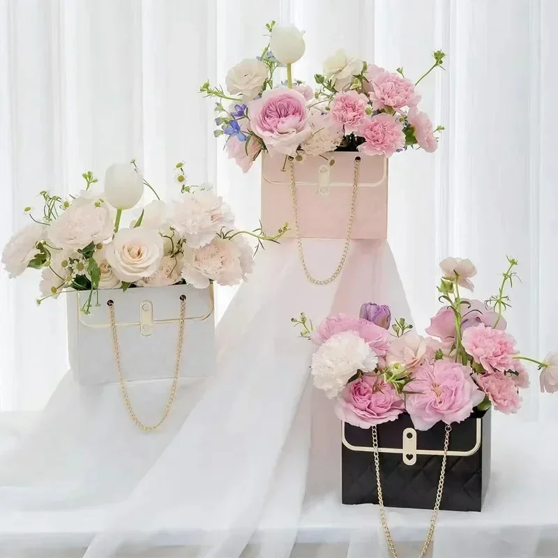 Flower Bags for Bouquets Small Flower Boxes for Arrangements with Metal Chain Cute Purse Paper Gift Box Floral Packing Tote Bags - Detail 1