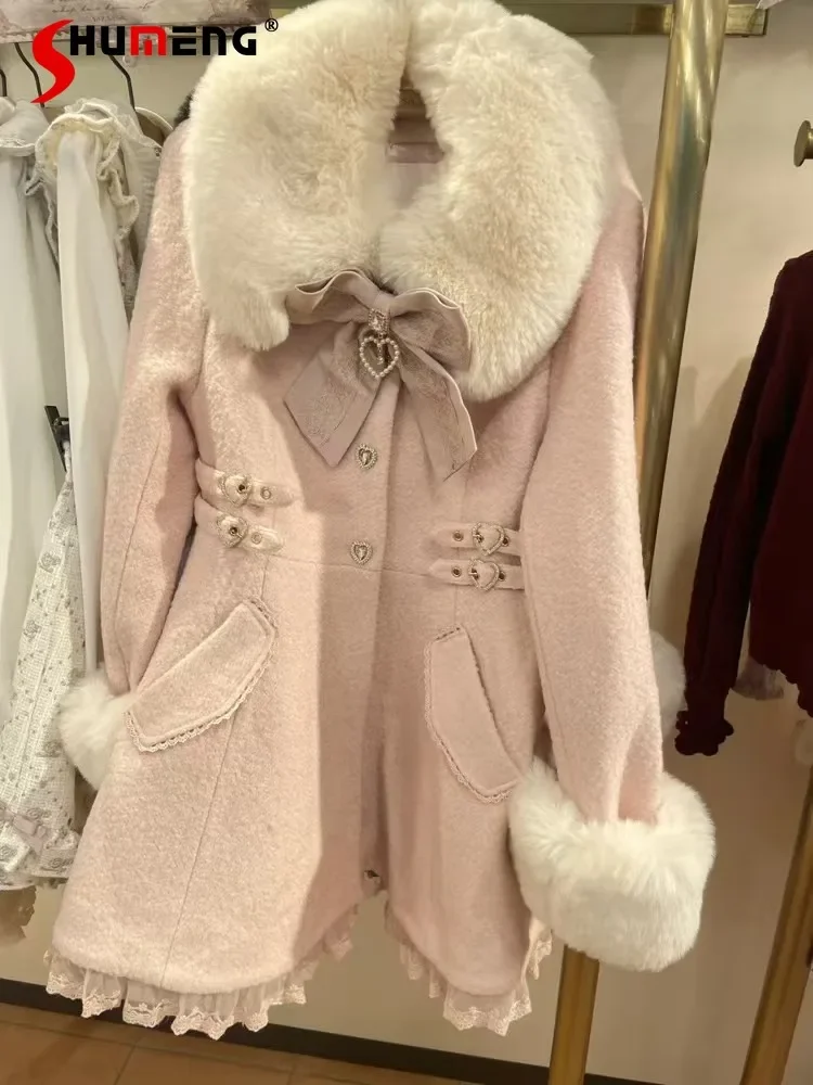 Japanese Mine Style Sweet Fur Collar Bow Love Buckle Single-breasted Lace Splicing A-line Long Woolen Jackets Coat Women Winter