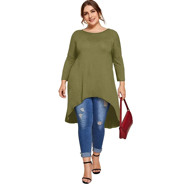 Plus Size Lange Mouw Elegante Tops Vrouwen Lange Hi Low Fit Flare Lente Herfst Swing Blouse Tuniek T Shirt Grote Maat Kleding 5xl