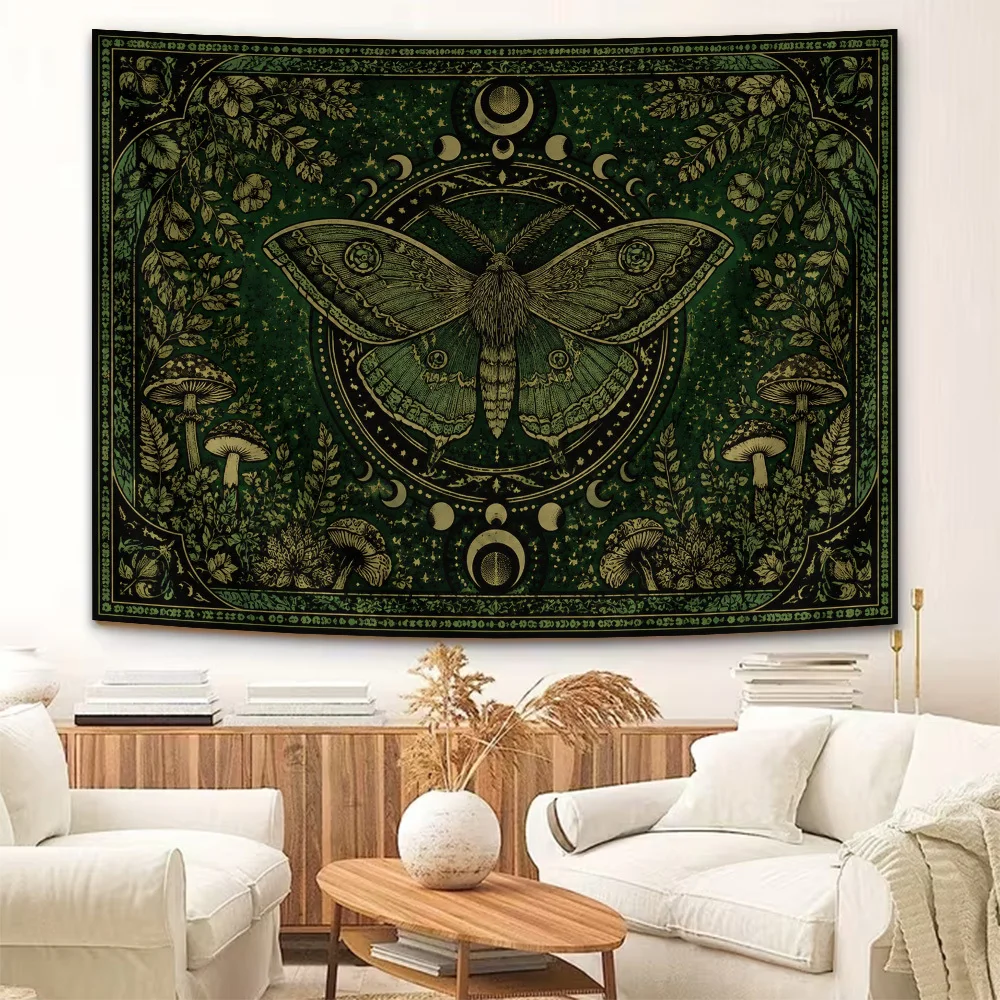 Vintage Botanical Moth and Moon Tapestry Wall Hanging for Bohemian Bedroom Decor Aesthetic