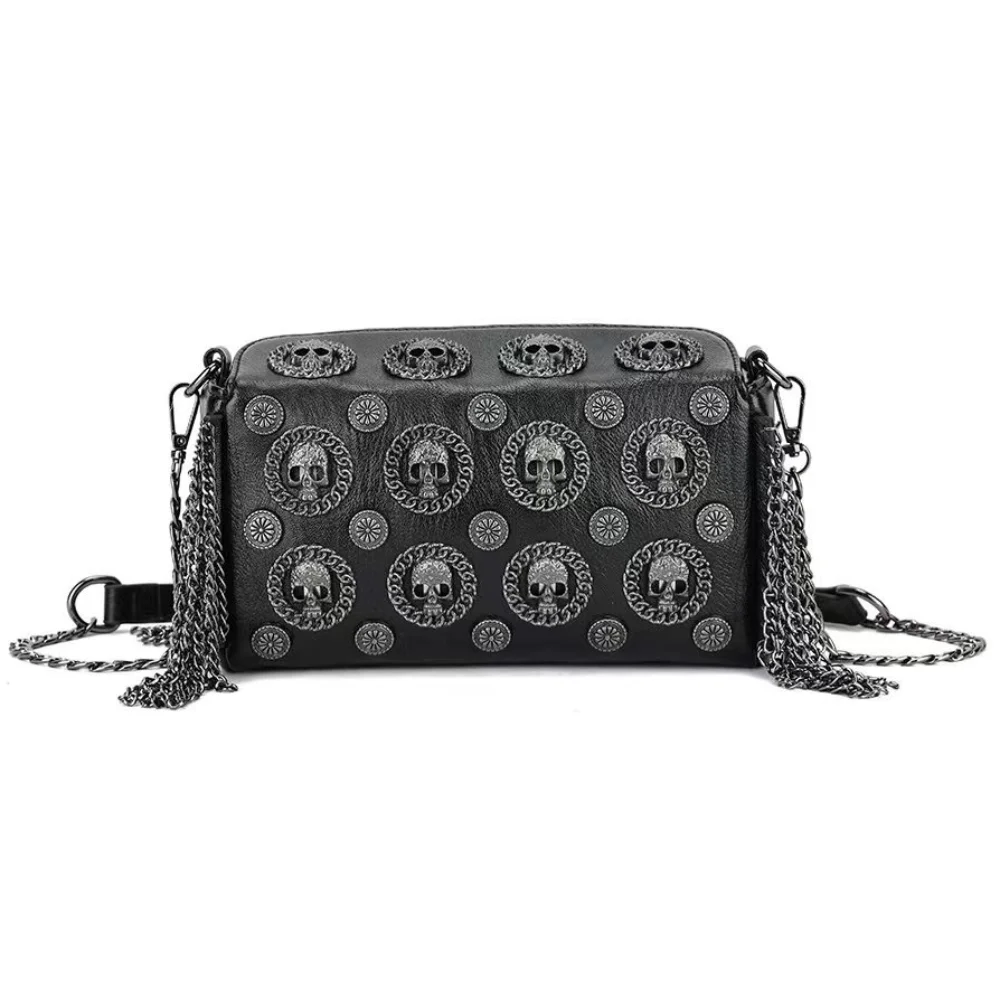 Bolso de PU de alta calidad para mujer, bandolera de estilo Punk con calavera de Metal y remaches, bolsos de hombro con cadena y borlas