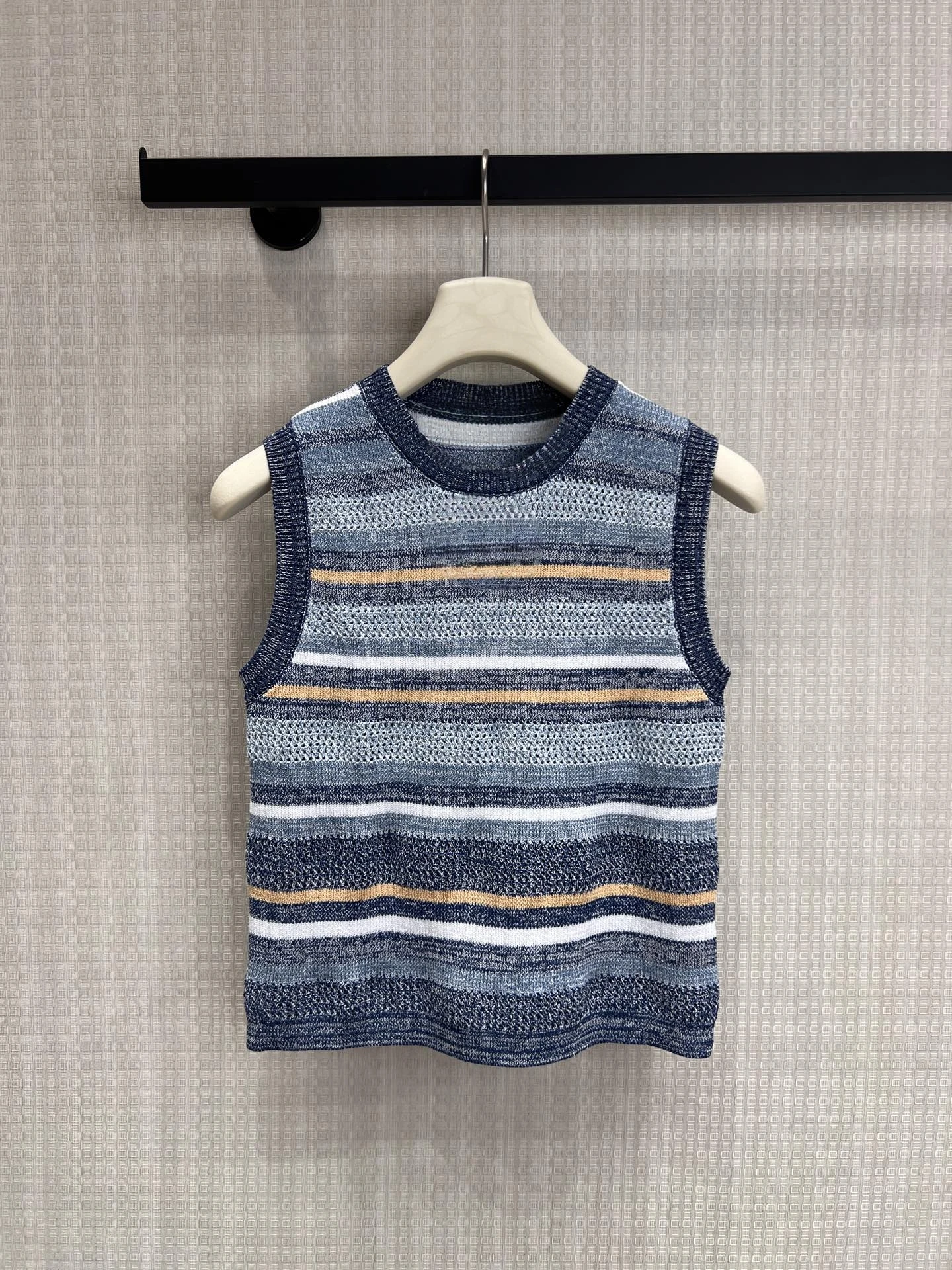 

Retro Style Women's Knitted Vest Top with Metal Emblem Embellishment Deep And Light Blue Stripes Hollow out Design Summer Fas...