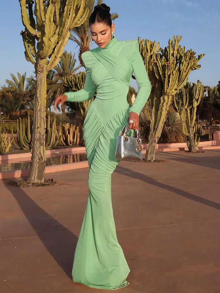 غريب سنور الخريف نمط جديد فستان ماكسي المرأة الياقة المدورة كم كامل عارية الذراعين نحيل تمتد حفلة موسيقية Ruched أنيقة Vestidos