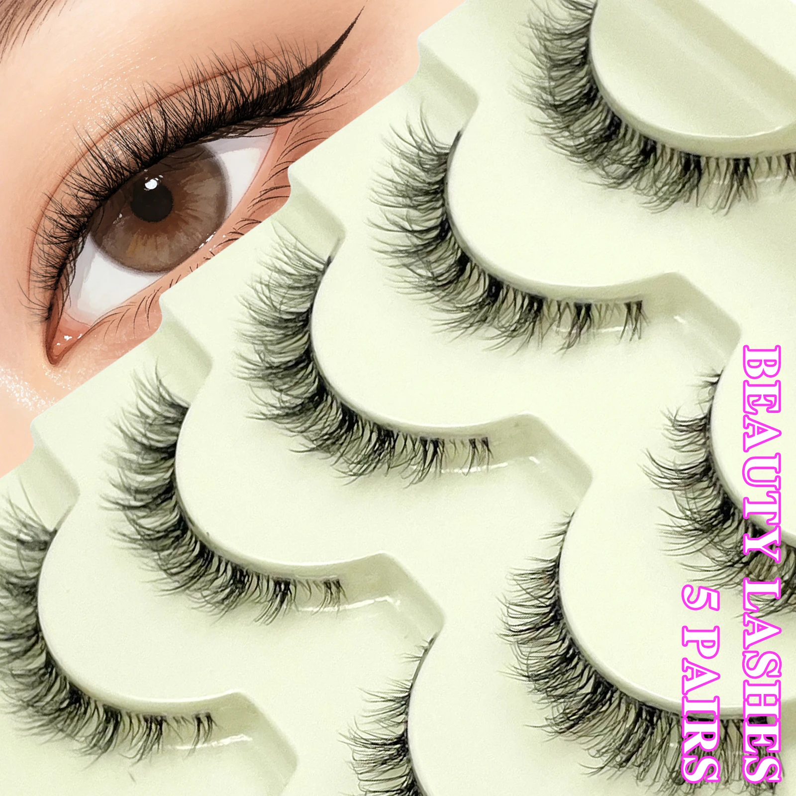 5 Pairs False Eyelashes Fluffy Wispy Natural Look Fake Lashes C Curl Strip 3D Layered Lashes With Clear Band Suitable for Party