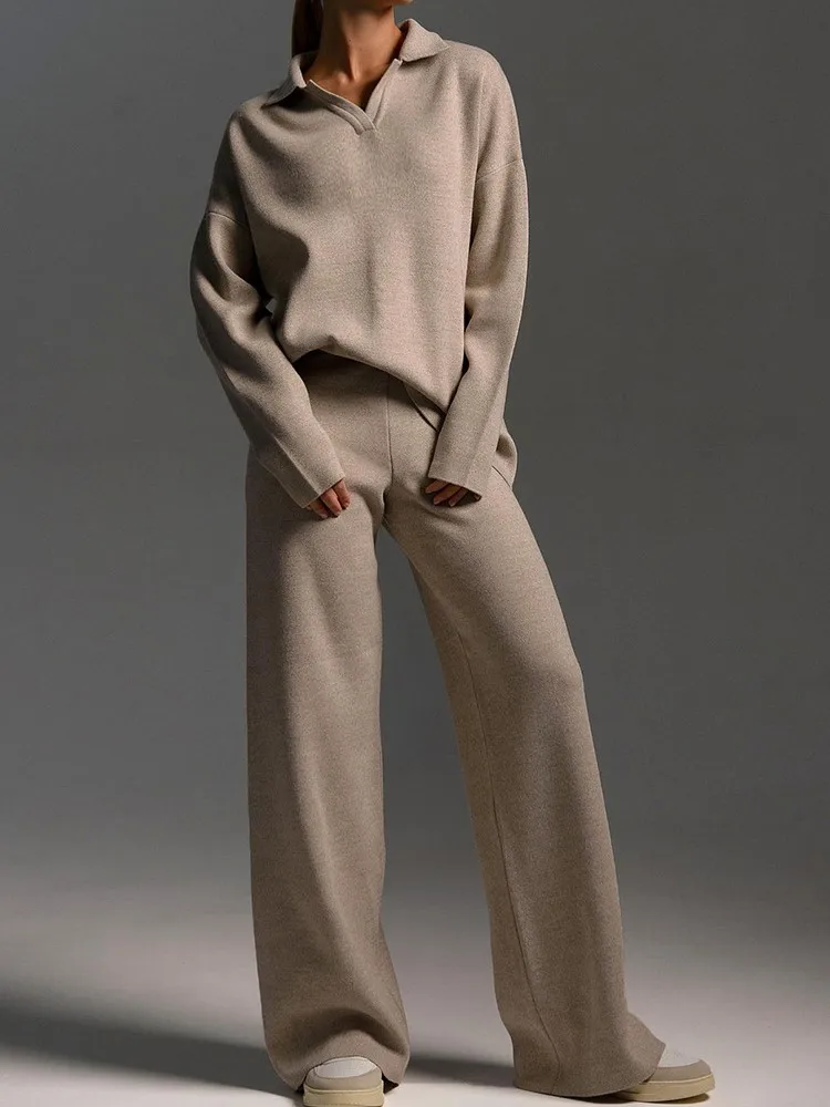 

Autumn And Winter Knitted Sweater Trousers Set Women's Polo Collar Pullover Wide-leg Trousers Comfortable Casual Two-piece Set