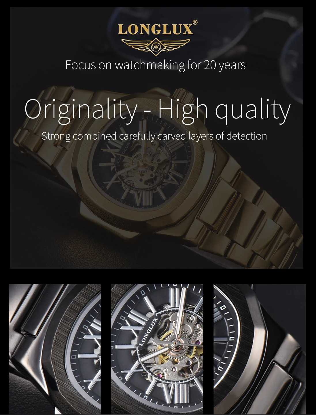 LONGLUX HOT SALE NEW Automatic Mechanical Men Watch Rome Business Waterproof Skeleton Luminous Stainless Steel Gift Watch