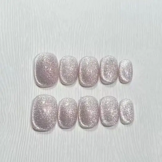 

10PCS Pure Color Short Square Round Handmade Press on Nails Glitter Simple Green Cat Eye False Nails Wearable Sweet Nail Patches