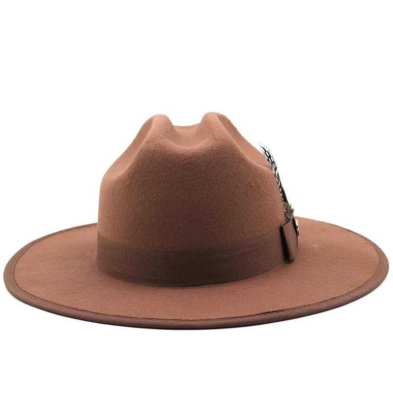 Khaki Wool Women Fedora Hat wide brim hats Elegant Lady Gangster Trilby Felt Homburg Church Jazz Hat Men cowboy hats