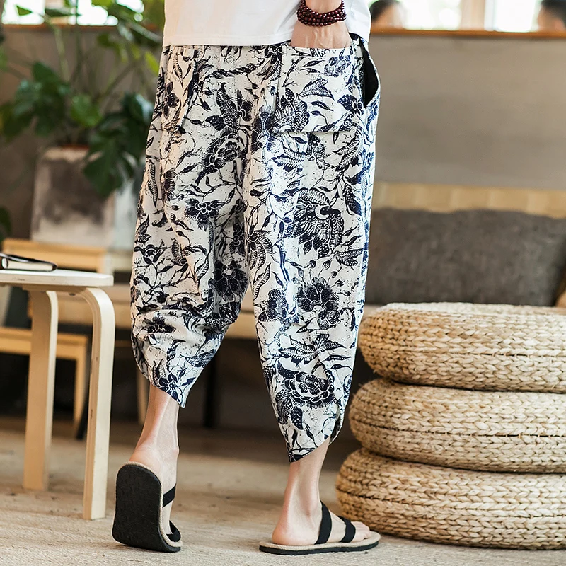Harajuku-pantalones holgados hasta la pantorrilla para hombre, pantalón informal de algodón y lino, pierna ancha, estampado, talla grande, Verano