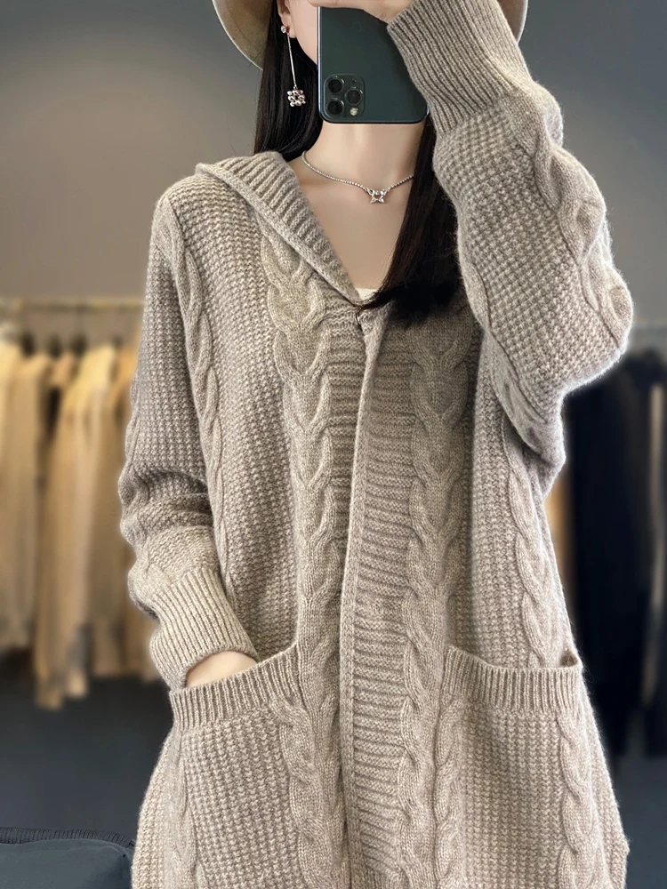 

Women 100% Pure Wool Autumn Winter Cardigan Sweater Autumn Winter Thick Loose Twisted Flower Lazy Style Hooded Knitted Jacket