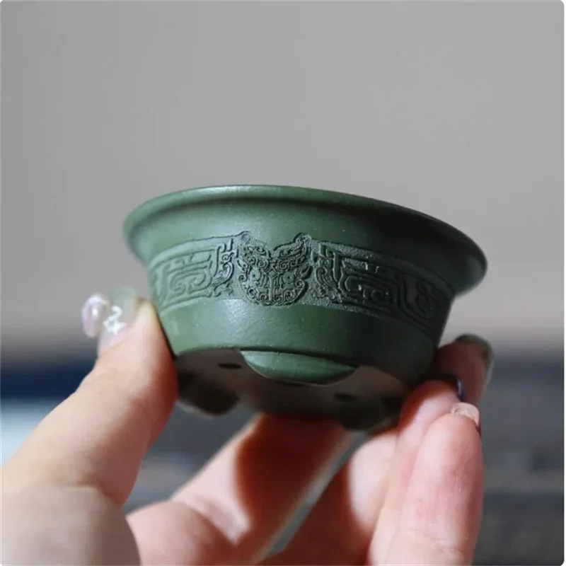 Ceramic Carved Mini Bonsai Pot,Small Vase, Green Clay,Purple Sand,Dragon Pattern,Home, Office, Desk, Table, Garden Decoration