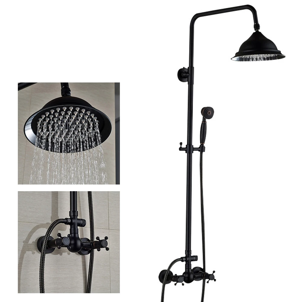 Shower Faucet Set Wall Mounting Shower Fittings Traditional Retro Black Adjustable Height Rain & Hand Shower Head