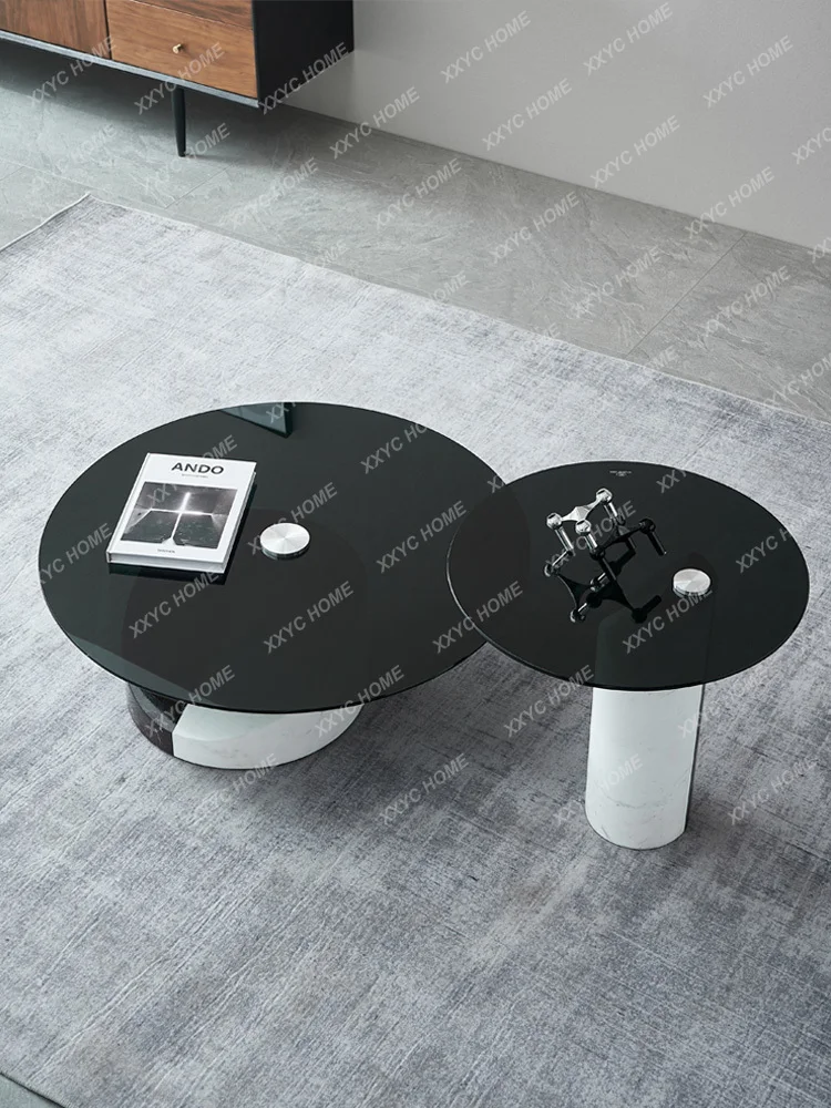 Italian Minimalist Design Natural Marble Tea Table Large Flat Layer High and Low Combination Glass round Tea Table