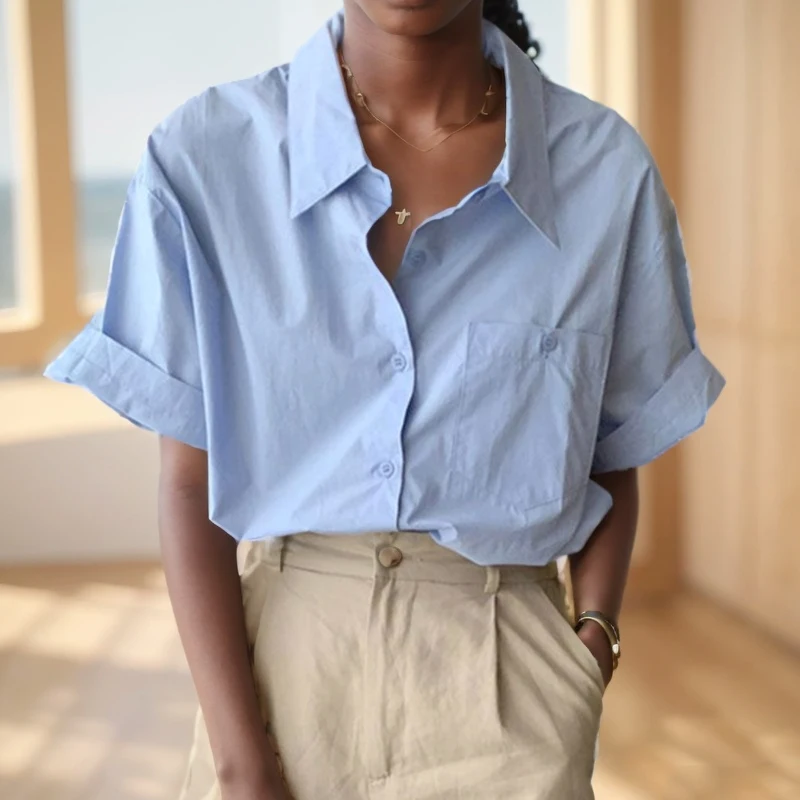 

Fashion Loose Summer Women Casual Shirt Buttons Blue Office Blouse with Pockets Spring New Simple Female Elegant Tops 8120