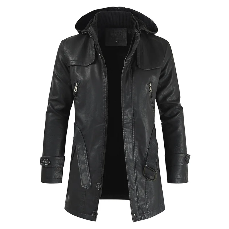 Men Solid Color Casual Fashion Mid-Length PU Leather Coat 2023 New Men Slim Hooded Leather Jacket Large Size All-match Outwear