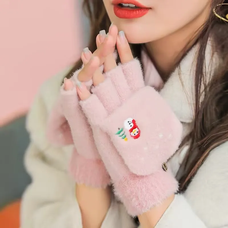 女性用タッチスクリーン対応コンバーチブルグローブ 冬用暖かいニットフリップトップミトン 可愛い雪だるま刺繍入り 快適なクリスマスプレゼント