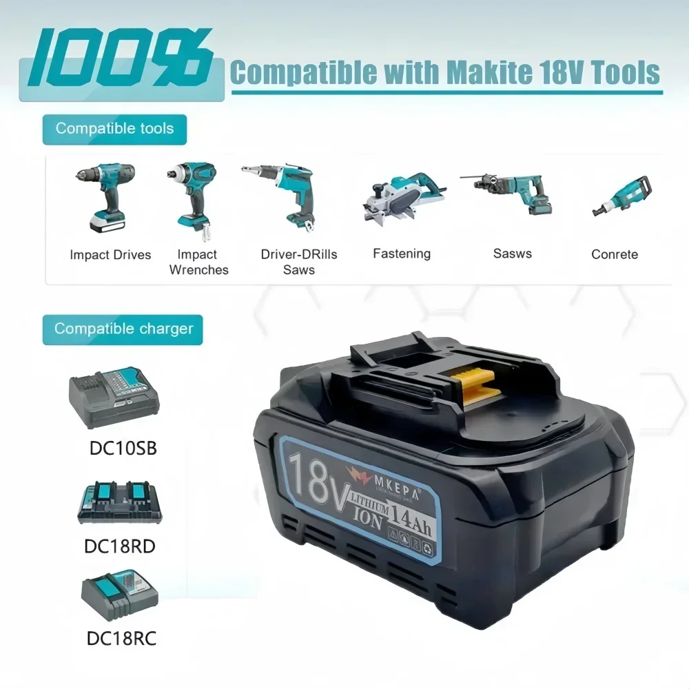 100% original 18V 21700 Makita battery,14Ah, suitable for Makita BL1880 BL1860 BL1850 BL1840 BL1830 battery. 4A charger