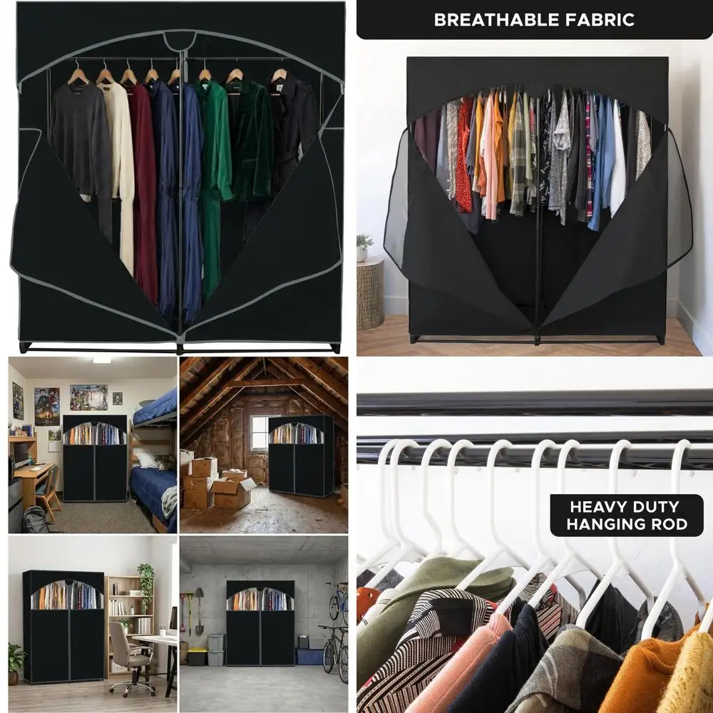 

Большой портативный шкаф-гардероб на 65 фунтов с прочной металлической штангой, молнией, прозрачным окном и простой сборкой - прочный черный брезент