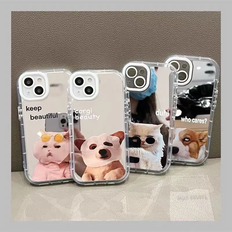 Funny Cats Dogs Cute Animal Makeup Mirror Case For iPhone 16 15 13 14 Pro Max 11 12 X XR XSMAX Silicone Hard Back Cover Capa Y2k