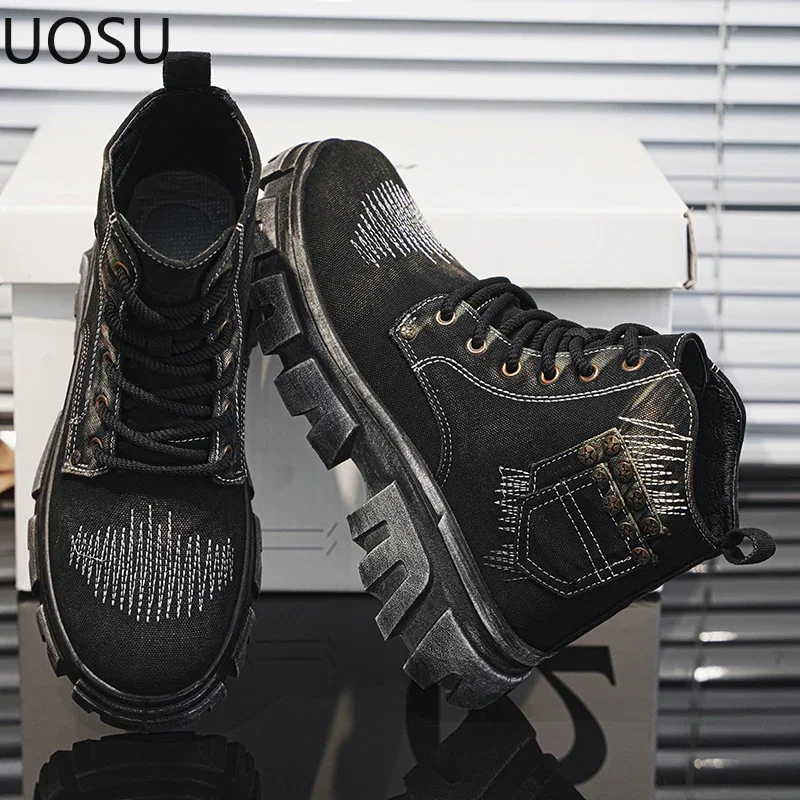 New Men's Boot Motorcyclist Shoe British Style Lace-up High Tops Popular Model UOSO Thick Bottom Trendy Anti-wear Winter Boots